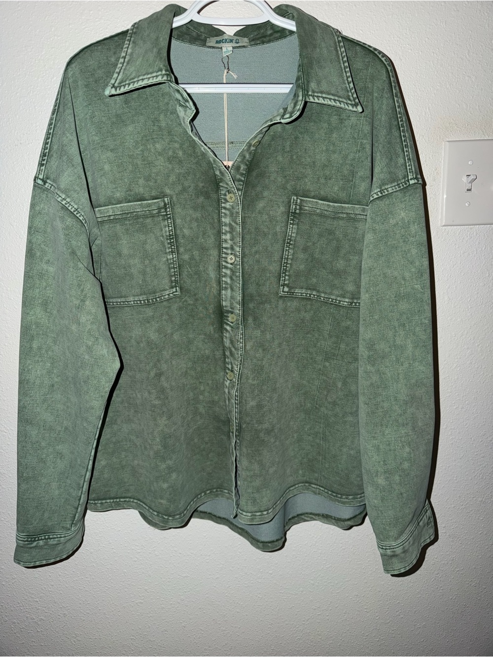 Rockin C Washed Green Embroidered Button-Down Shirt / Shacket NWT